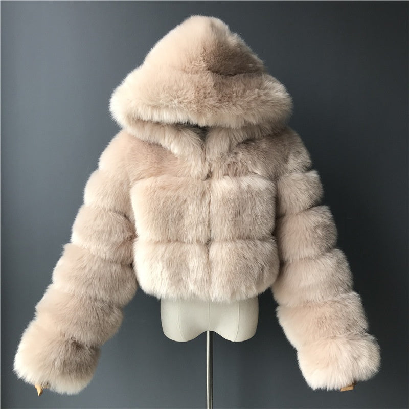Short Hooded Faux Fur Long Sleeve Coat