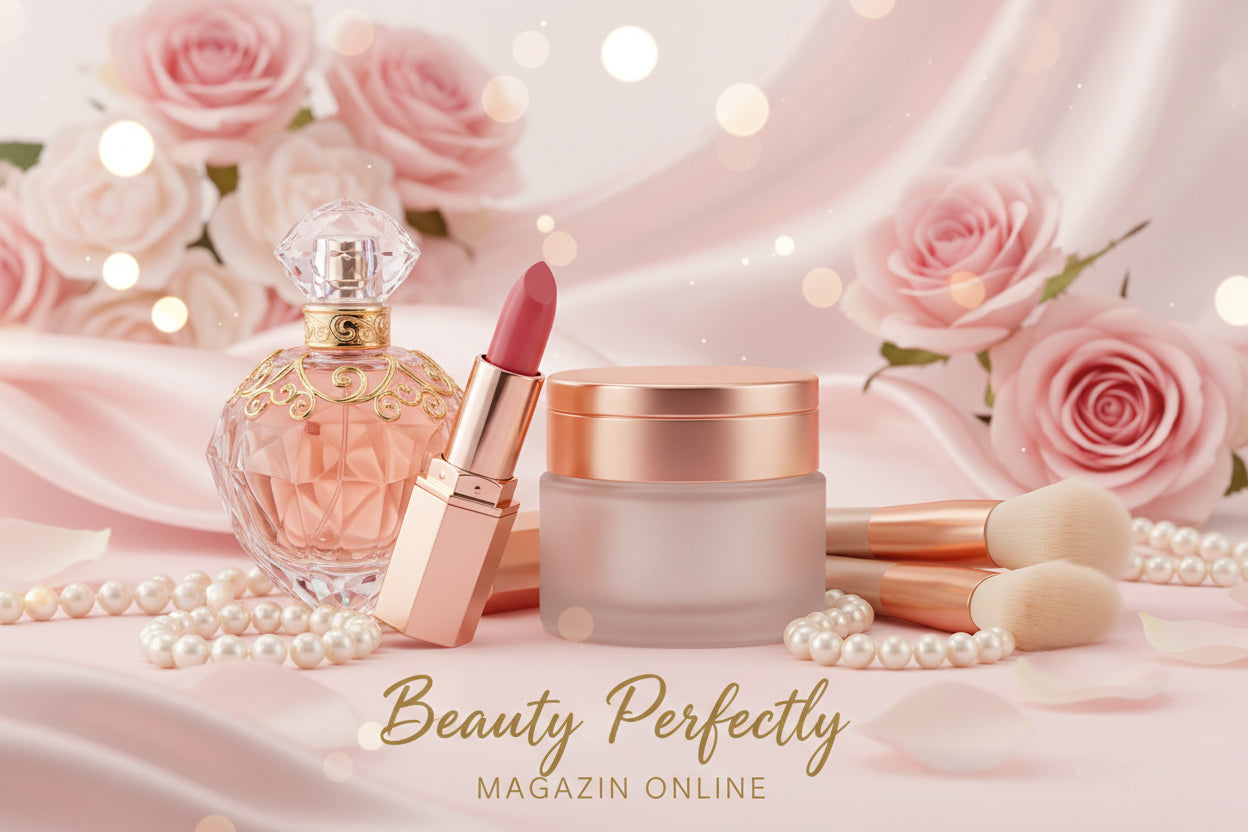 Banner elegant cu produse cosmetice, parfum, ruj și accesorii beauty pe fundal roz pastel, cu textul Beauty Perfectly