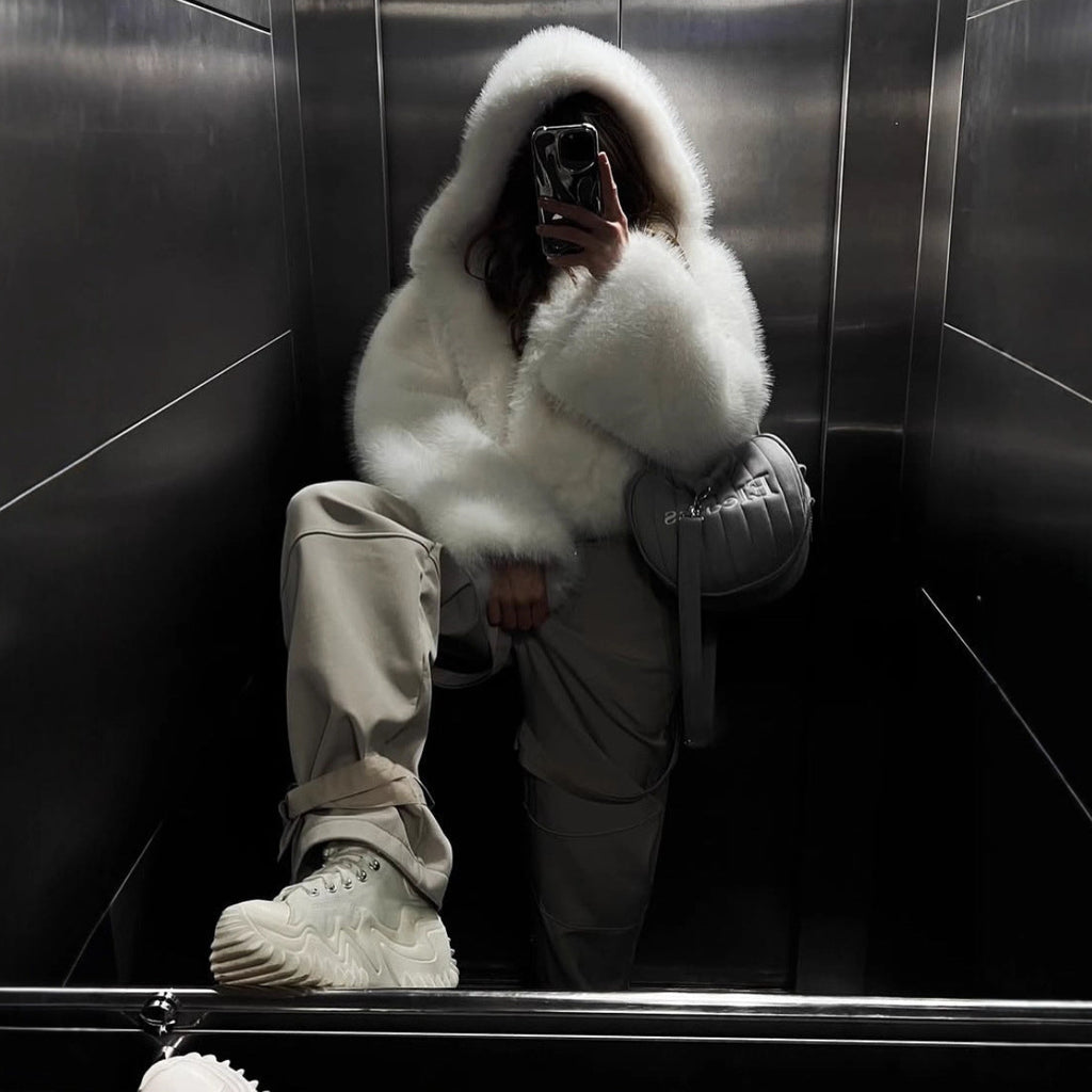 Hooded Faux Fur Coat With Fox Fur Trim