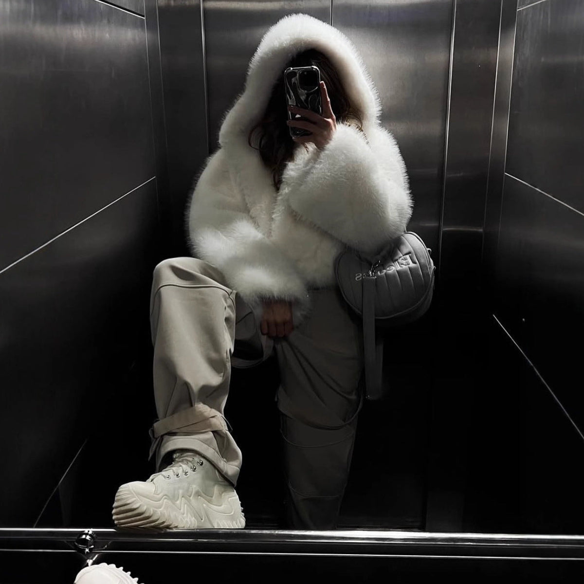 Hooded Faux Fur Coat With Fox Fur Trim