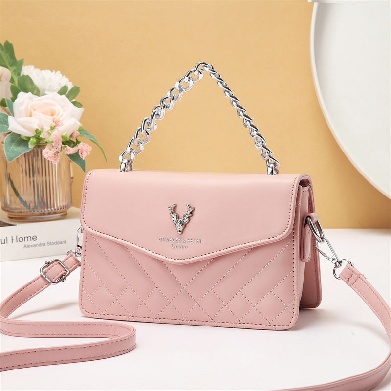 Soft Blush Quilted Mini Bag - Retro Style Casual Handbag Waterproof Minimalist Single Shoulder Wide Strap PU Polyester Lining Stylish Thick Chains