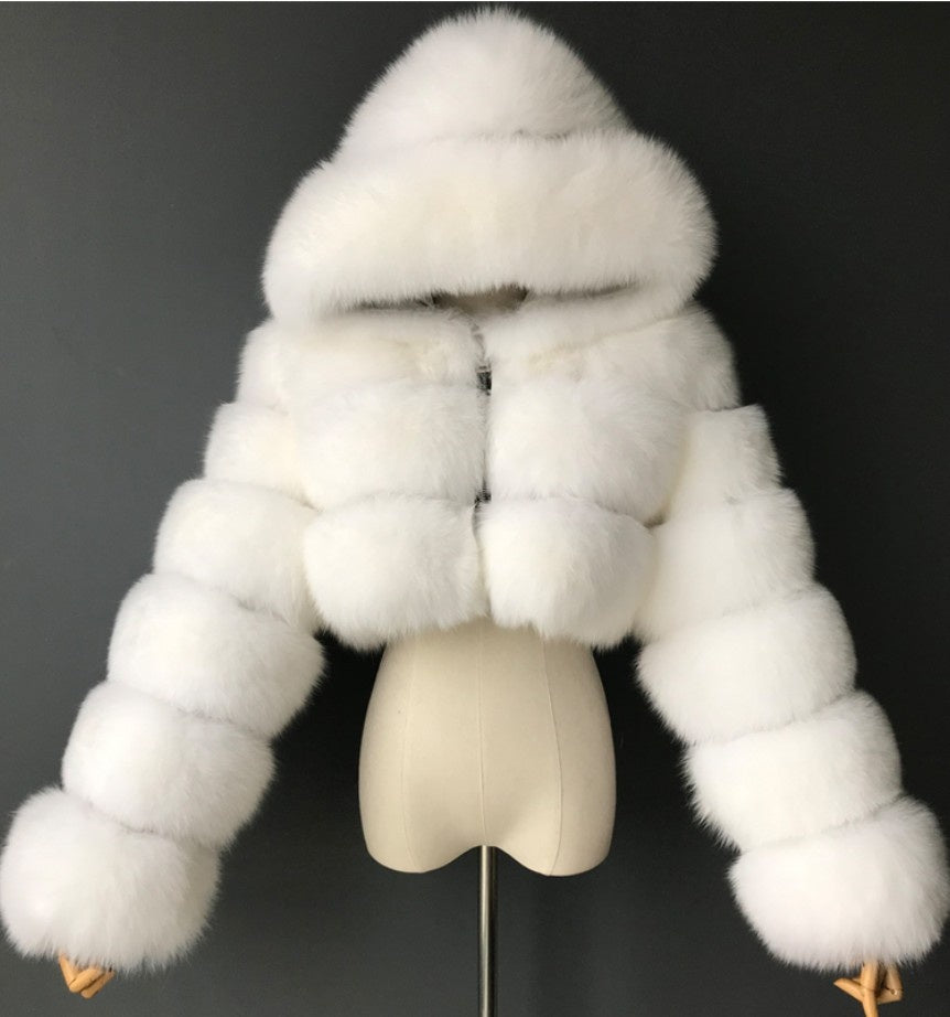 Short Hooded Faux Fur Long Sleeve Coat