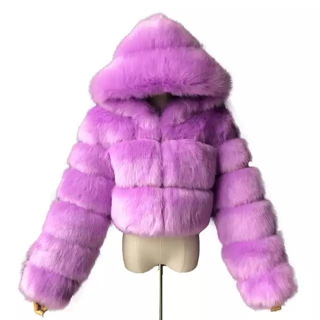 Short Hooded Faux Fur Long Sleeve Coat