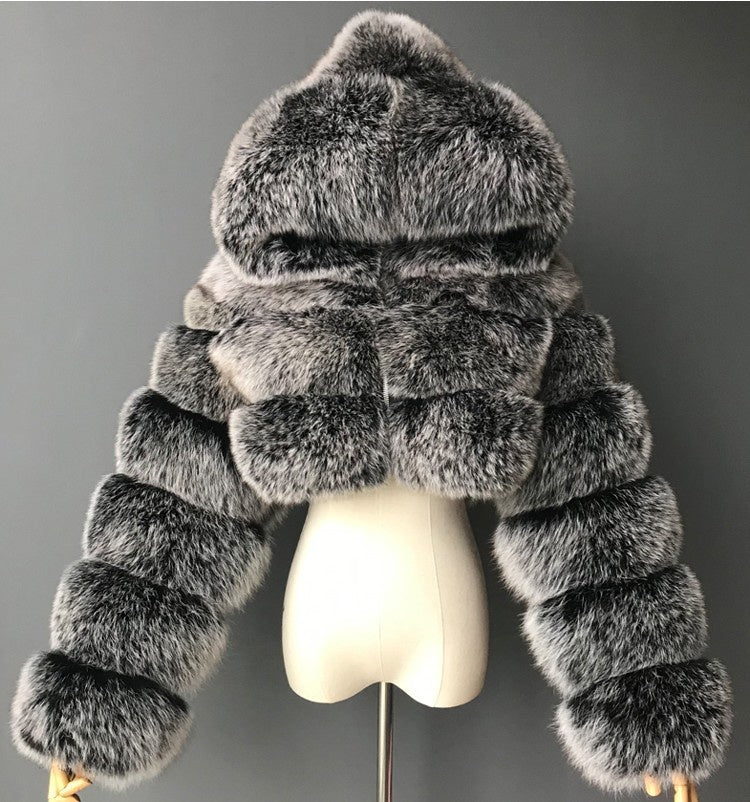 Short Hooded Faux Fur Long Sleeve Coat