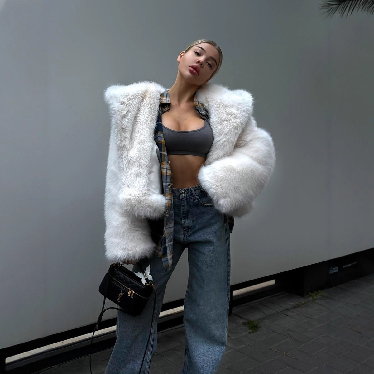 Hooded Faux Fur Coat With Fox Fur Trim