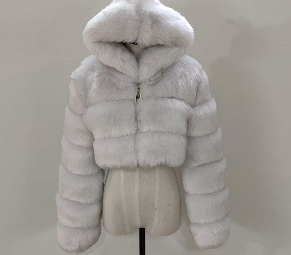 Short Hooded Faux Fur Long Sleeve Coat